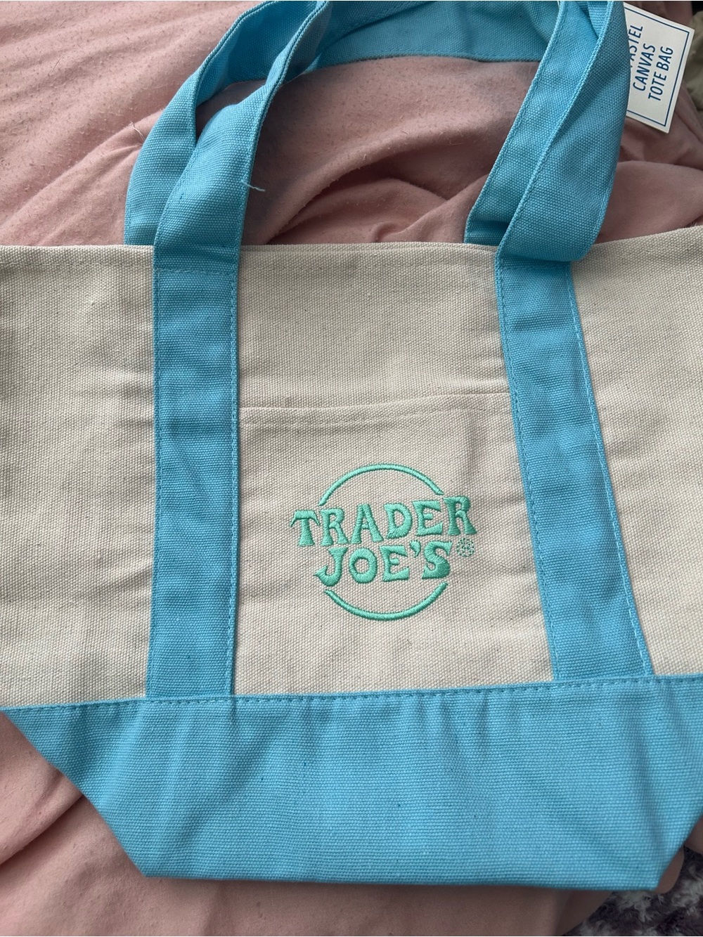 Trader Joe's Canvas Tote Bag in Light Blue and Natural